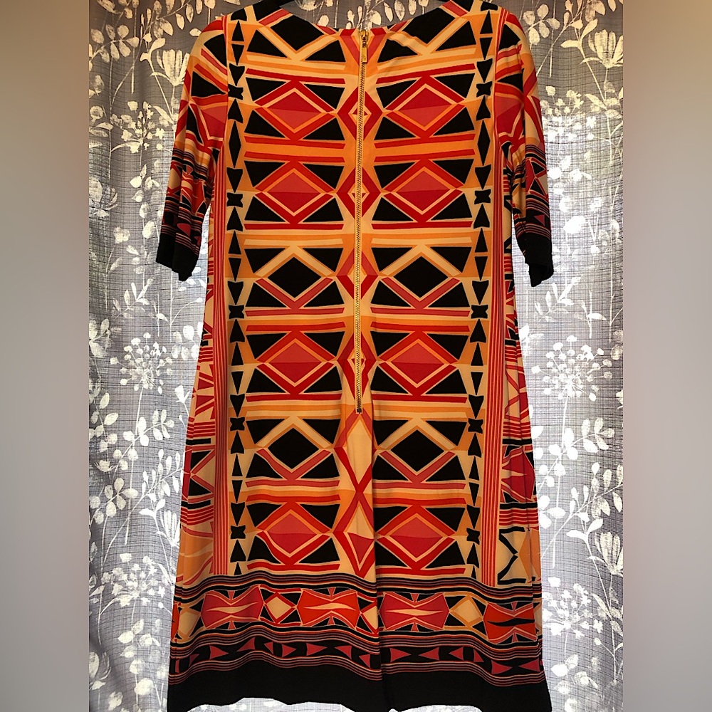 Eliza J black, pink, orange dress with geometric pattern. Good used condition.